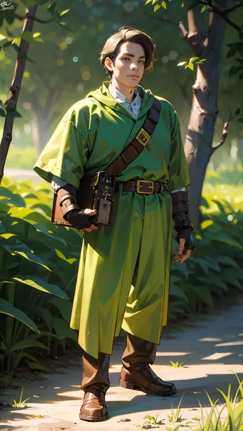 a detailed portrait of a man standing alone in a dark forest, wearing a green robe, belt, fingerless gloves and boots, with a tr...