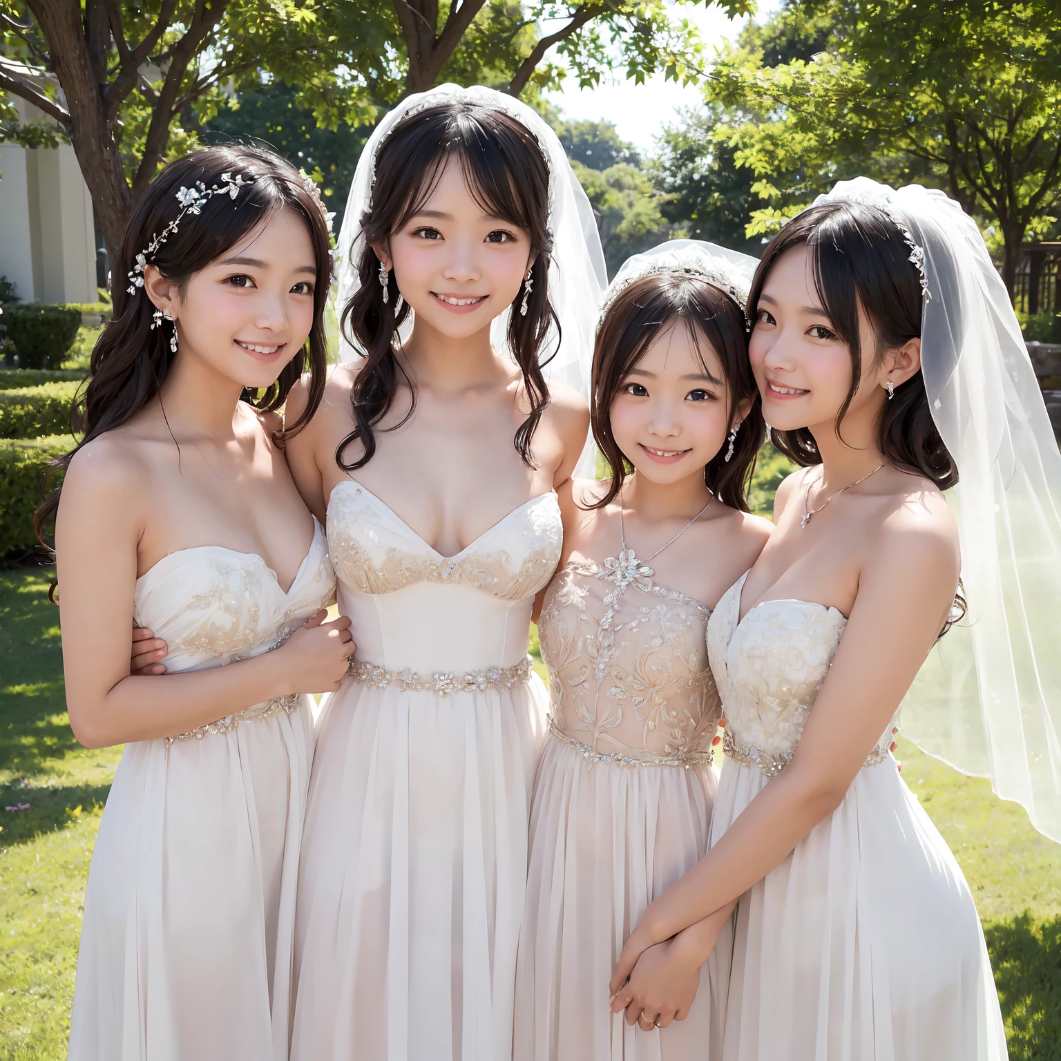 masterpiece, ((Highest quality))、wedding、(4 cute naked girls、A good friend、Standing side by side、kawaii:1.4、、smile:1.3、smile、Mr.々Hair style、pubic hair)、(((Full nudity、、Pussy)))、(Realistic and detailed skin texture、pale pastel wedding dresses:1.2、gem、hair ornaments、Veil、See-through)