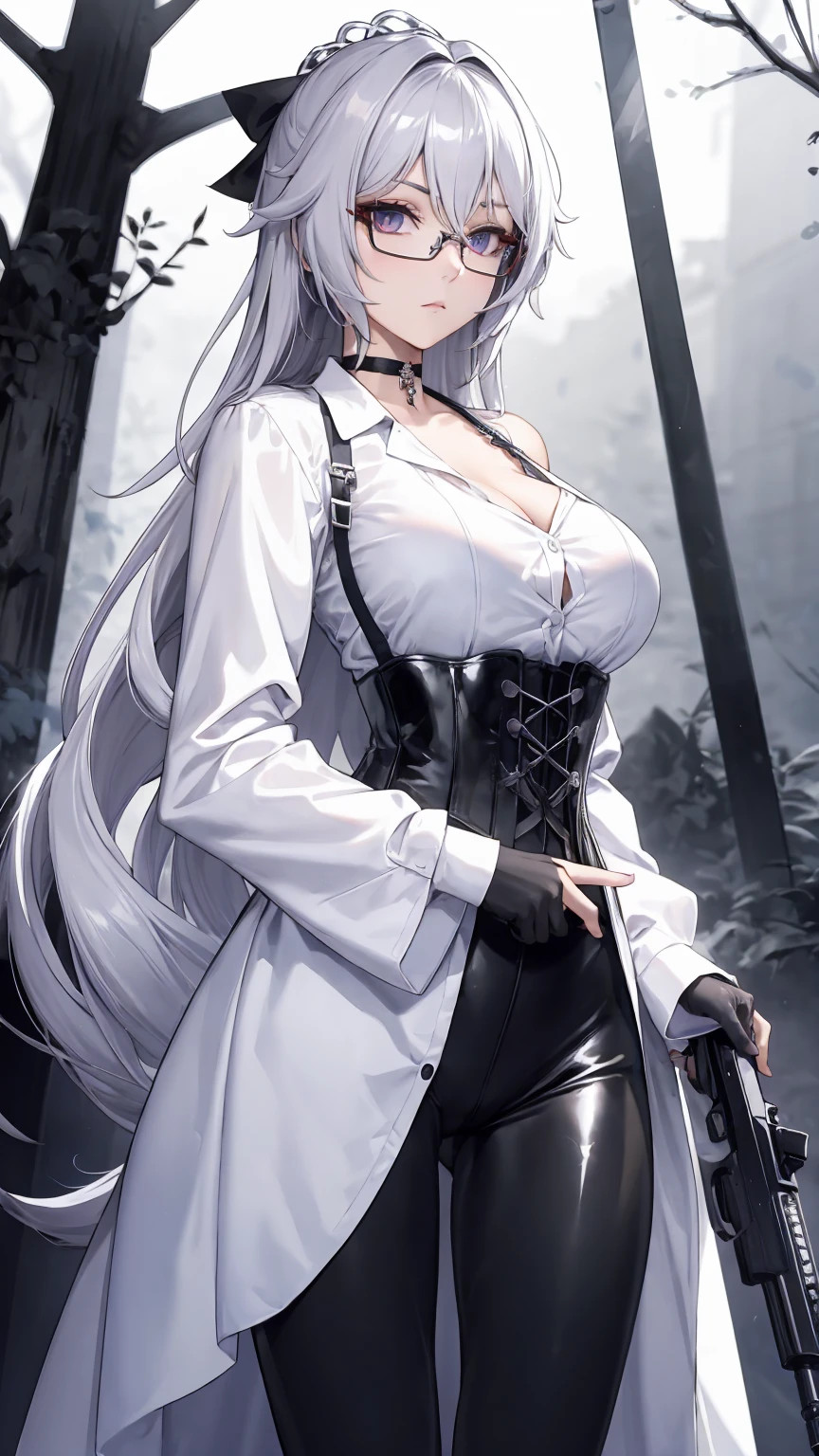 Masterpiece, Beautiful art, professional artist, 8k, detailed body, Very detailed face, very detailed eyes, Detailed clothing, detailed fabric, Best Quality, better resolution, 1 girl, bronya zaychik \(Honkai Impact 3rd\), front view, standing, big breasts, serious expression,  At night , long silver hair, glasses, choker:1.6, (white long sleeve button down shirt with white collar), (shiny black corset), black gloves that cover your hands, holding a gun in hand, (shiny black leggings), looking at the viewer, dark forest, Atmosphere, fog, At night