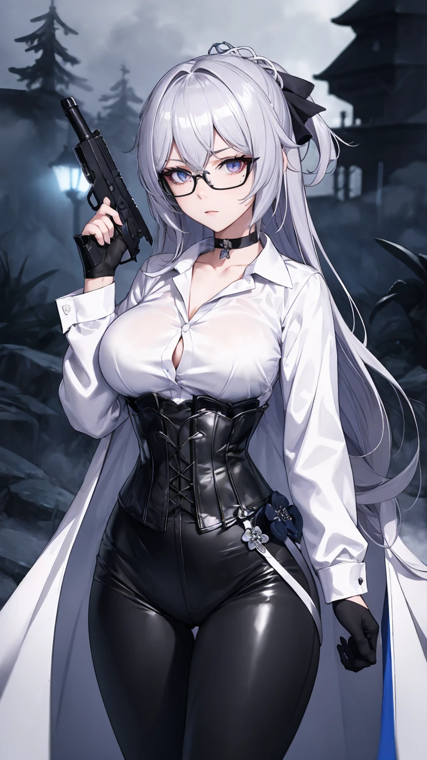 Masterpiece, Beautiful art, professional artist, 8k, detailed body, Very detailed face, very detailed eyes, Detailed clothing, detailed fabric, Best Quality, better resolution, 1 girl, bronya zaychik \(Honkai Impact 3rd\), front view, standing, big breasts, serious expression,  At night , long silver hair, glasses, choker:1.6, (white long sleeve button down shirt with white collar), (shiny black corset), black gloves that cover your hands, holding a gun in hand, (shiny black leggings), looking at the viewer, dark forest, Atmosphere, fog, At night