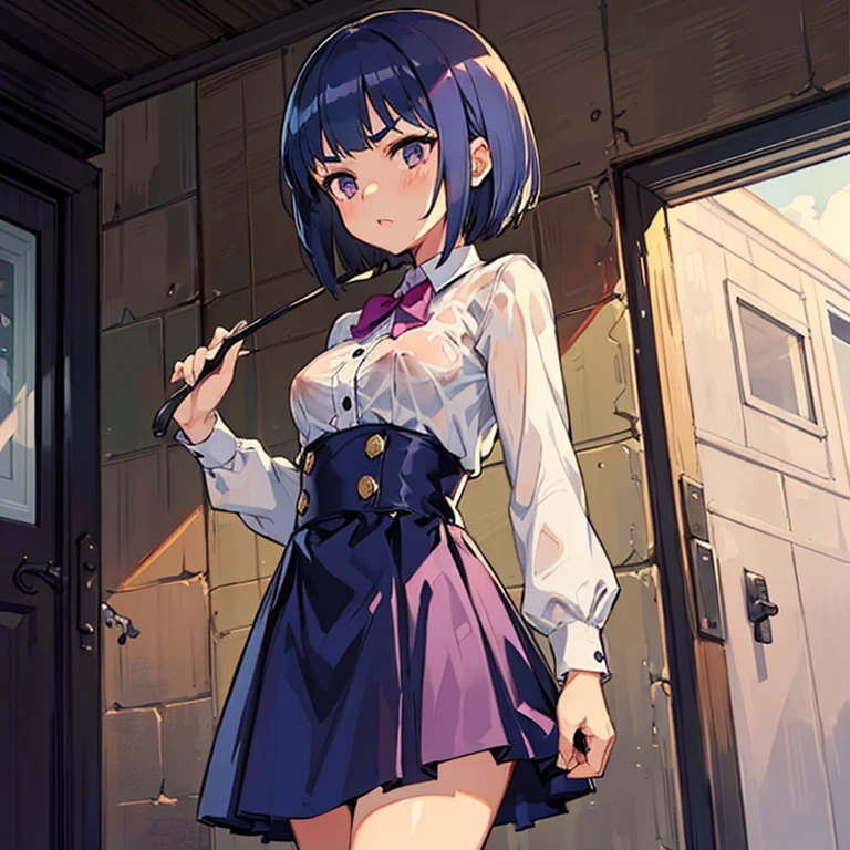 Young girl with blue hair,short straight hair and short bangs (purple eyes),, ((small bushy eyebrows)), wearing gothic lolita clothing, lolicon , medium large breast, breasts out of blouse, walking to school, bored look, bored face, , lifting her skirt to show her vagina wet with semen, having sex
