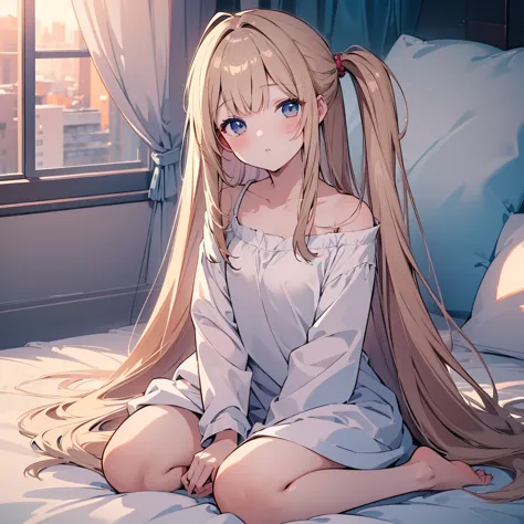 ((masterpiece)), ((Best Quality)), (Ultra-detailed), Anime style, 8k , Cute , 1girl in, Solo, light hair, sitting on the bed, ba...