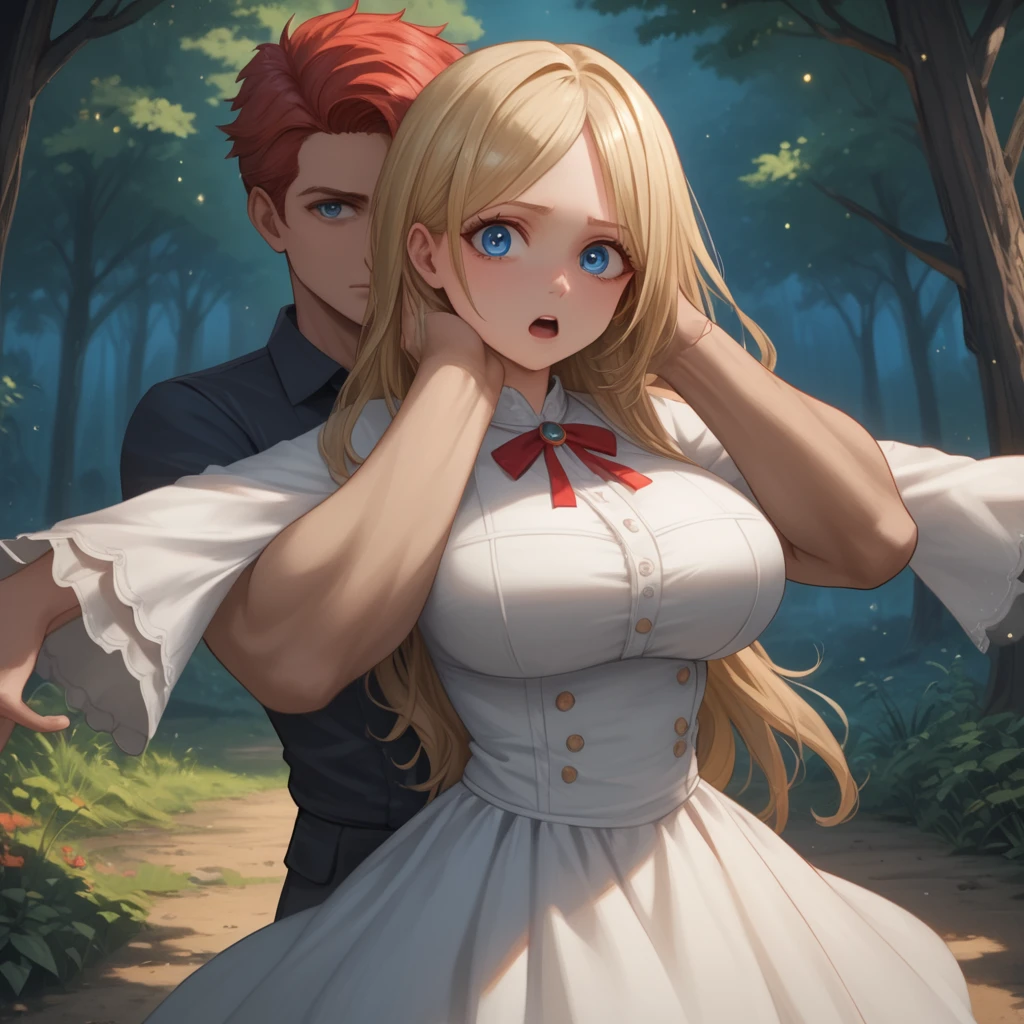 score_9,score_8_up,score_7_up,score_6_up, pottsness style, white dress, long hair, blue eyes, looking at viewer, detailed eyes, (upper body:1.3), portrait, neolight, light particles, glow effect, red stripe, surprise, outdoors, forest, night, 1boy, 1girl, big breasts, boy doing full nelson body scissors on girl, on back, strangling, squatting, 