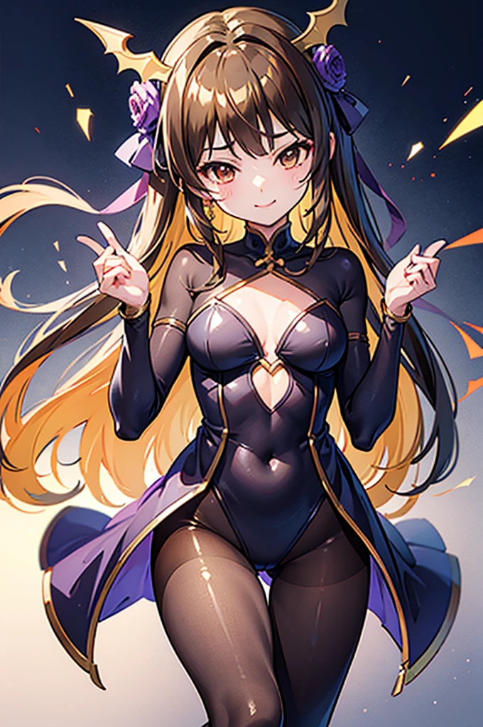 Highest quality　Highest quality　Draw a face carefully　High-definition anime-style face　Super Glowing Skin　Brown leotard　Golden pantyhose　Succubus　lure　smile　Soleをクローズアップ　Soleを見せる　Sole