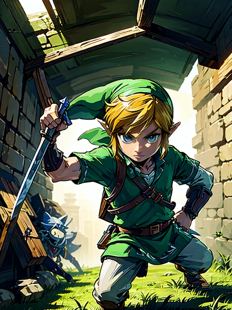 塞尔达传说中的角色 Link, 他与其他角色一起冒险并被困住了, 非常清晰的照片和人物
