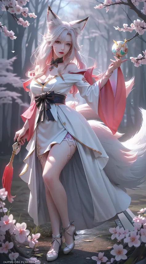 Fox-eared white-haired girl，Full body female love，Drawing of a white fox sitting on a branch，Ethereal Fox，Nine-tailed Fox，fox th...