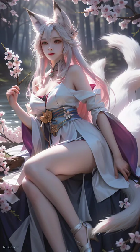 Fox-eared white-haired girl，Full body female love，Drawing of a white fox sitting on a branch，Ethereal Fox，Nine-tailed Fox，fox th...