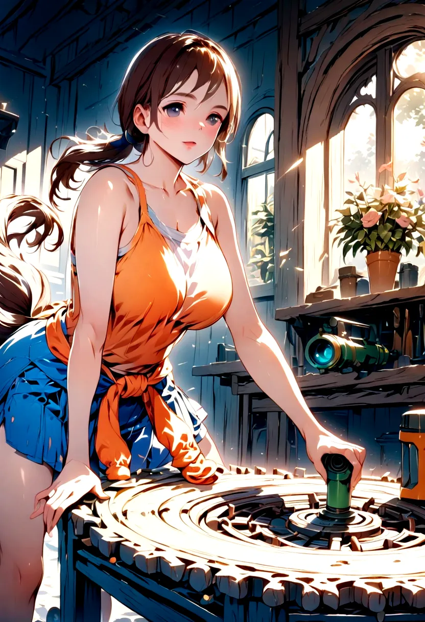 chell, Horse tail, Sleeveless, clothing around the waist, cleaning a Portal gun at a workbench, Bright morning sunlight shining ...