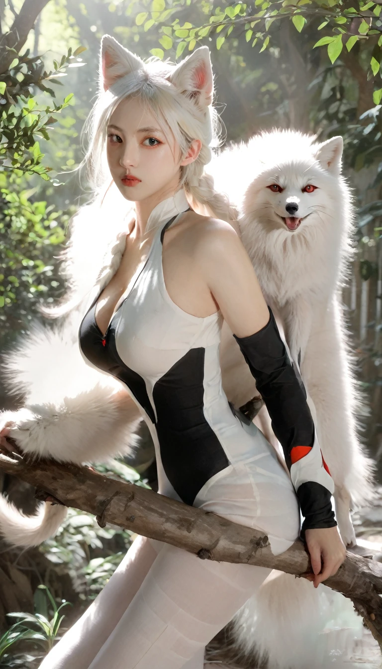 Fox-eared white-haired girl，Full body female love，Drawing of a white fox sitting on a branch，Ethereal Fox，Nine-tailed Fox，fox three-tailed fox，Onmyoji detailed art，Nine Tails，A beautiful artistic illustration，Mythological Creatures，red fox，(Fighting Stance)，Beautiful digital artwork，Beautiful digital illustrations izutsune , Inspired by the mythical creature Wildnet，Digital Art on pixiv，glare，High contrast，horror theme，Dark atmosphere