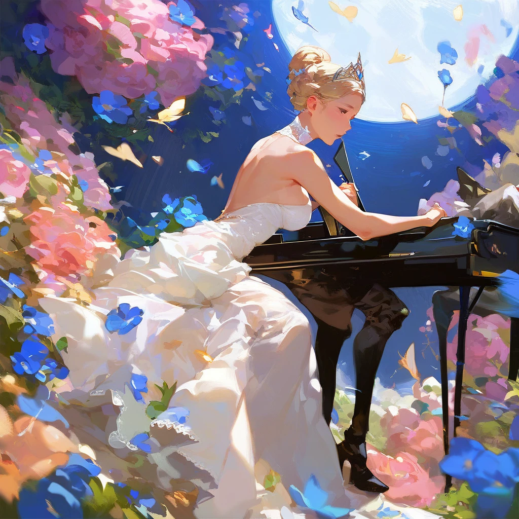 (score_9,score_8_up,score_7_up,) woman in fancy dress leaning over an upright grand piano at dusk with flowers around, 1girl, dress, solo, instrument, flower, high heels, sitting, tiara, white dress, blue eyes, blue flower, blonde hair, hair bun, Expressiveh, negative_hand, [[gwentstyle]], moon
