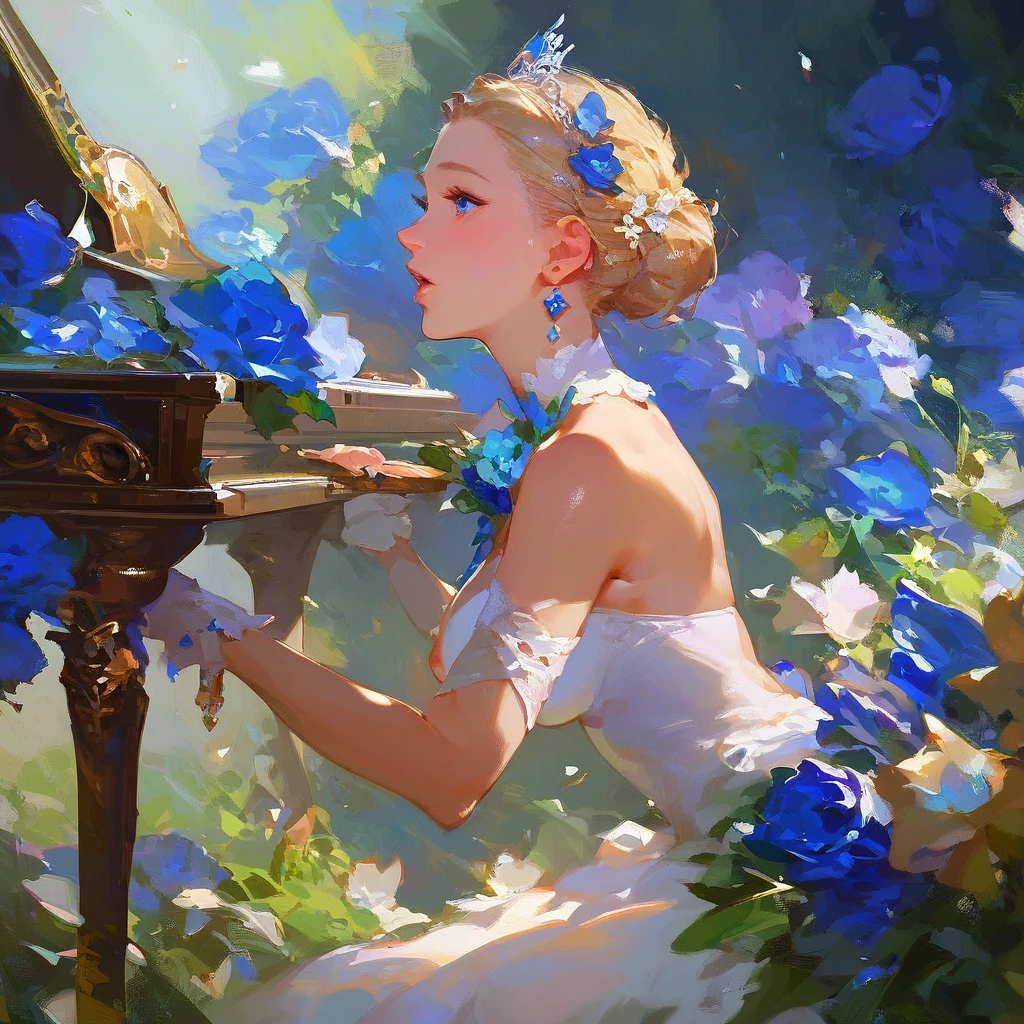 (score_9,score_8_up,score_7_up,) woman in fancy dress leaning over an upright grand piano at dusk with flowers around, 1girl, dress, solo, instrument, flower, high heels, sitting, tiara, white dress, blue eyes, blue flower, blonde hair, hair bun, Expressiveh, negative_hand, [[gwentstyle]], moon
