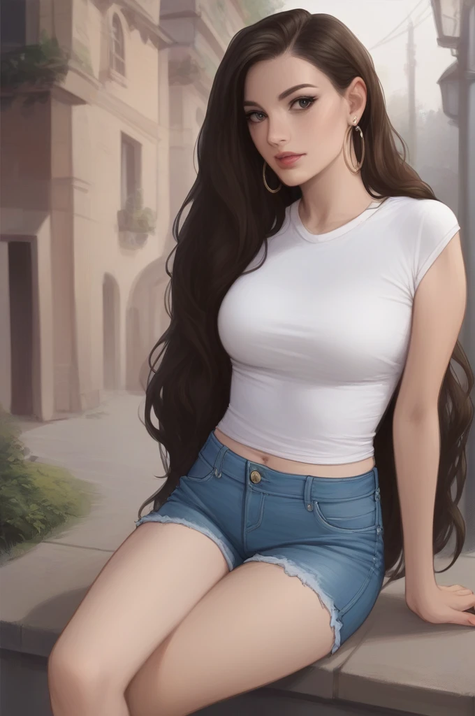 Top quality, masterpiece, ultra high definition, (Real: 1.4), Original photo, (Evening Street), 1 girl, black eyes, looking at the audience, long hair, light makeup, lips, small ears, white t-shirt, denim shorts, earrings, sitting Ferrari,, slim, neat, park