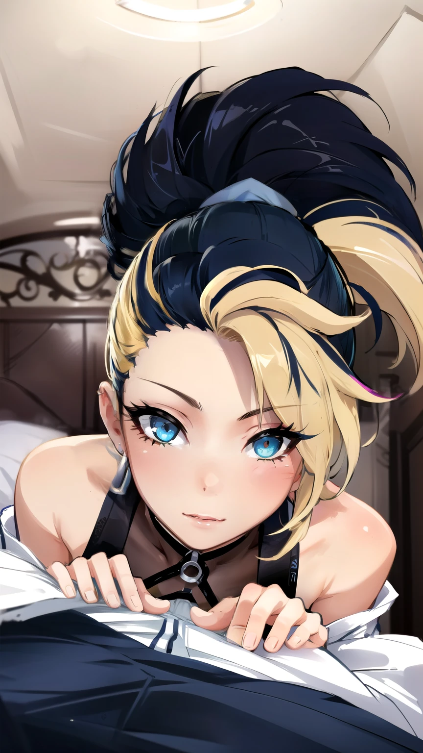 beste Qualität, komplizierte Details,
1 Mädchen,       akali, 1 Mädchen, schwarzes Haar, Blondes Haar, mehrfarbige Haare, Pferdeschwanz, k/Und \(League of Legends\), Mädchen liegt auf dem Bett, 1 Junge, werfen, Missionarsstellung, werfen grab girl Waist 