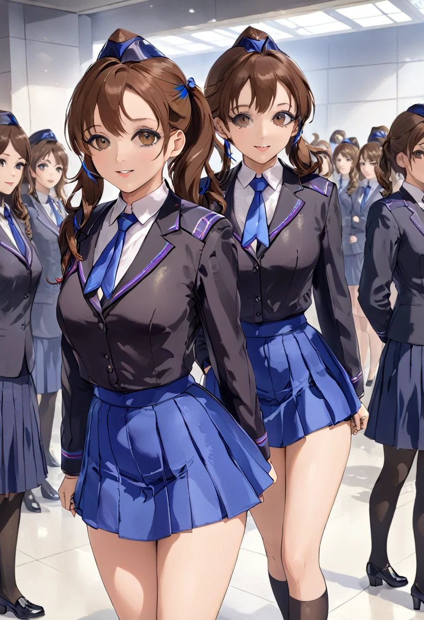 masterpiece, Highest quality, High resolution, 10+girl, crowd, Identical twin sisters, clone, An orderly line of sisters, An orderly line of sisters, Sisters in a row, uniform, Matching outfits, Long Hair, Curly Hair, ponytail, Matching hairstyle, Hazel Eyes, Brown Hair, Black tie, Blue Ribbon, Brown Skirt, salute, smile, indoor, Group shot, whole body, Panty shot, Black high heels