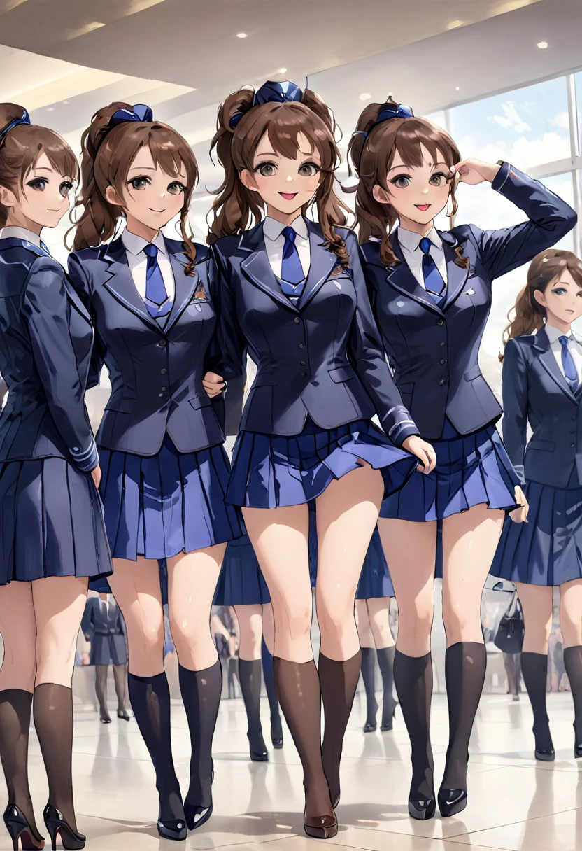 masterpiece, Highest quality, High resolution, 10+girl, crowd, Identical twin sisters, clone, An orderly line of sisters, An orderly line of sisters, Sisters in a row, uniform, Matching outfits, Long Hair, Curly Hair, ponytail, Matching hairstyle, Hazel Eyes, Brown Hair, Black tie, Blue Ribbon, Brown Skirt, salute, smile, indoor, Group shot, whole body, Panty shot, Black high heels