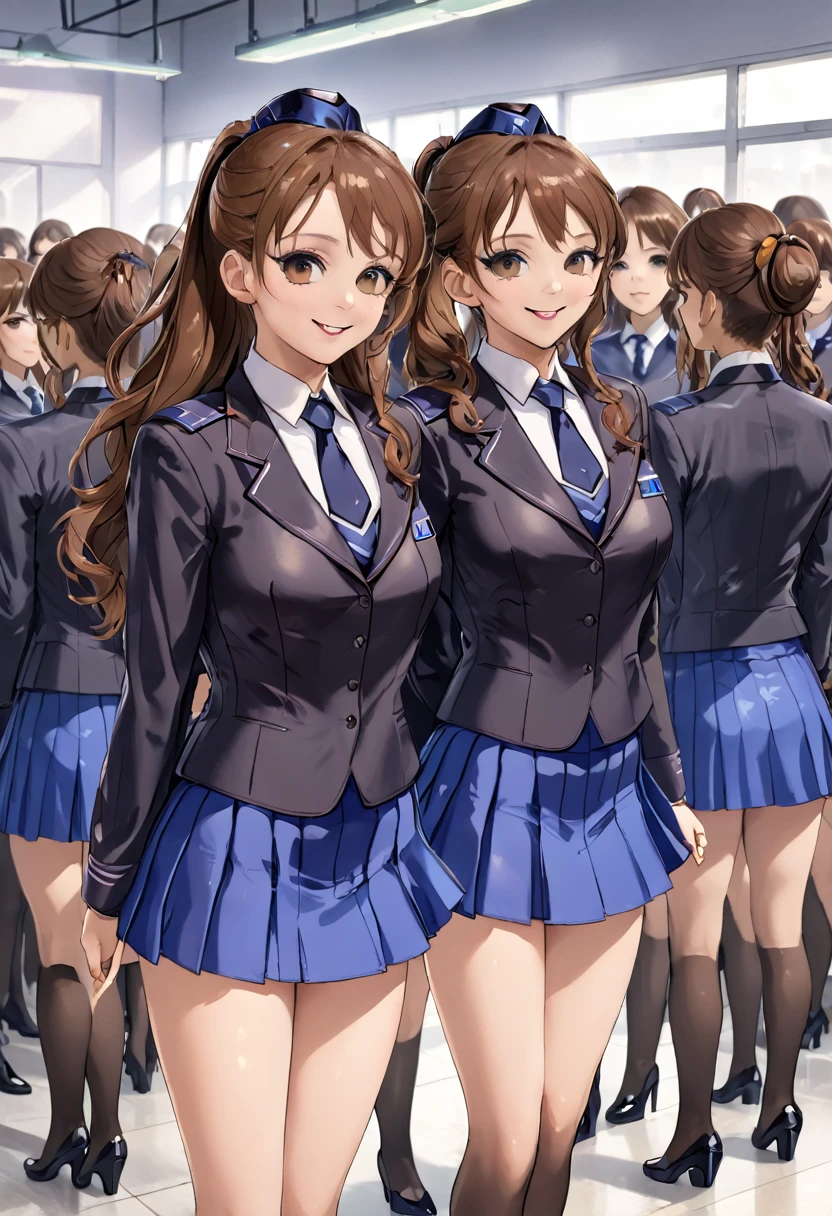 masterpiece, Highest quality, High resolution, 10+girl, crowd, Identical twin sisters, clone, An orderly line of sisters, An orderly line of sisters, Sisters in a row, uniform, Matching outfits, Long Hair, Curly Hair, ponytail, Matching hairstyle, Hazel Eyes, Brown Hair, Black tie, Blue Ribbon, Brown Skirt, salute, smile, indoor, Group shot, whole body, Panty shot, Black high heels