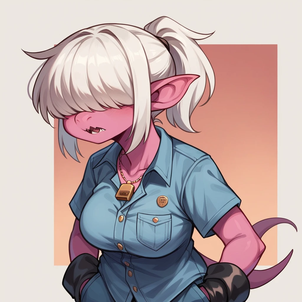 a one woman, Pink skin, white ponytail hair with a multicolored lock of hair, eyes covered by hair, "Hair over Eyes", Exaggerated breasts, body with exaggerated volume in the bust, curved sensual body, jaket, hands in pocket, regatta, jeans, Black boots, image focuses on the Character. Lizard snout lizard&#39;s pointed snout, neckleace, mouth closes shiny, pink lips, glowing skin, huge peiros, exaggerated breasts, gigantic breastss 