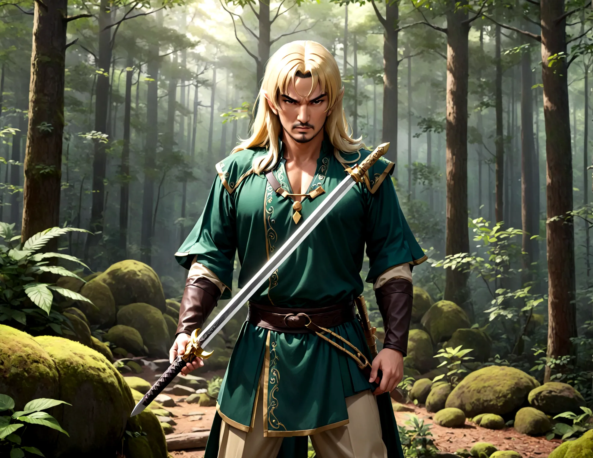 Steven Seagal (current, modern) in the role of Link (Link costume, blonde wig over black hair, wooden sword at side), akido pose...