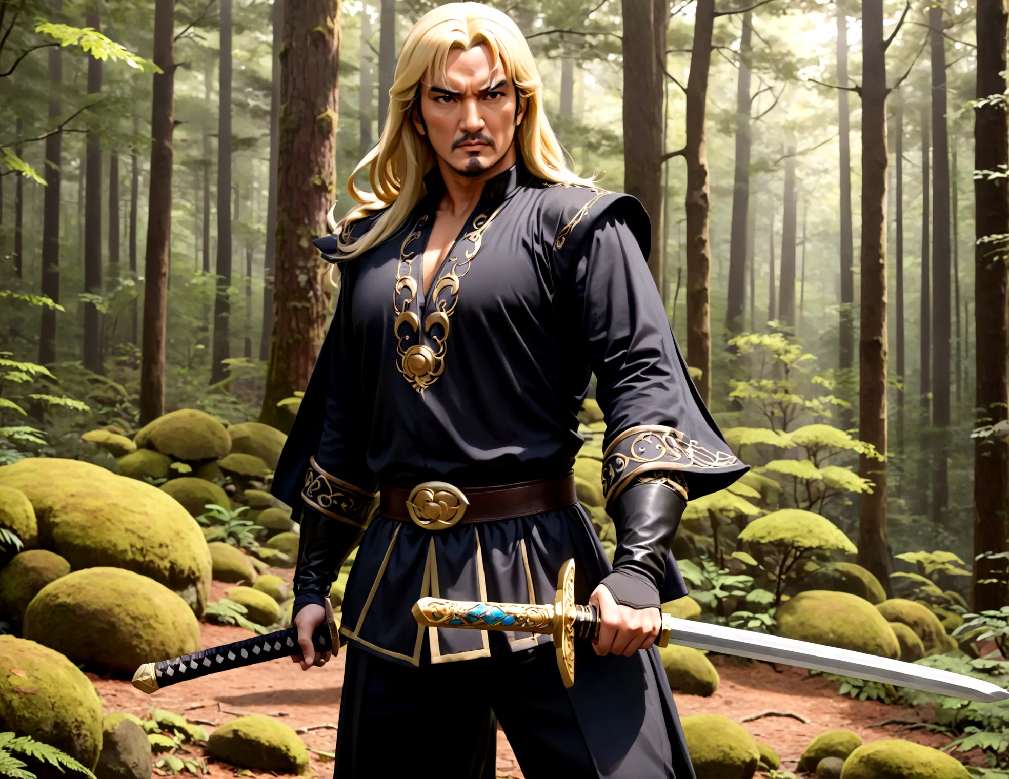Steven Seagal (current, modern) in the role of Link (Link costume, blonde wig over black hair, wooden sword at side), akido pose...