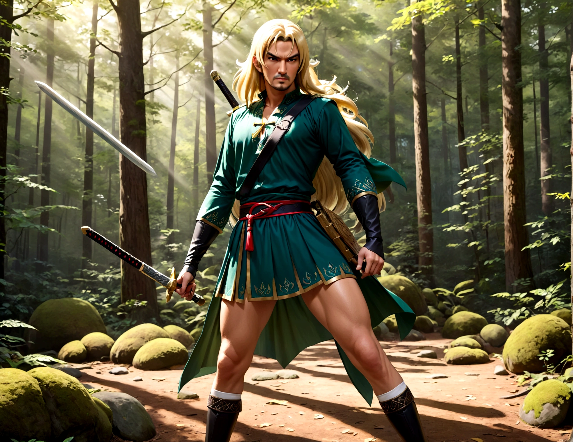 Steven Seagal (current, modern) in the role of Link (Link costume, blonde wig over black hair, wooden sword at side), akido pose, forest
