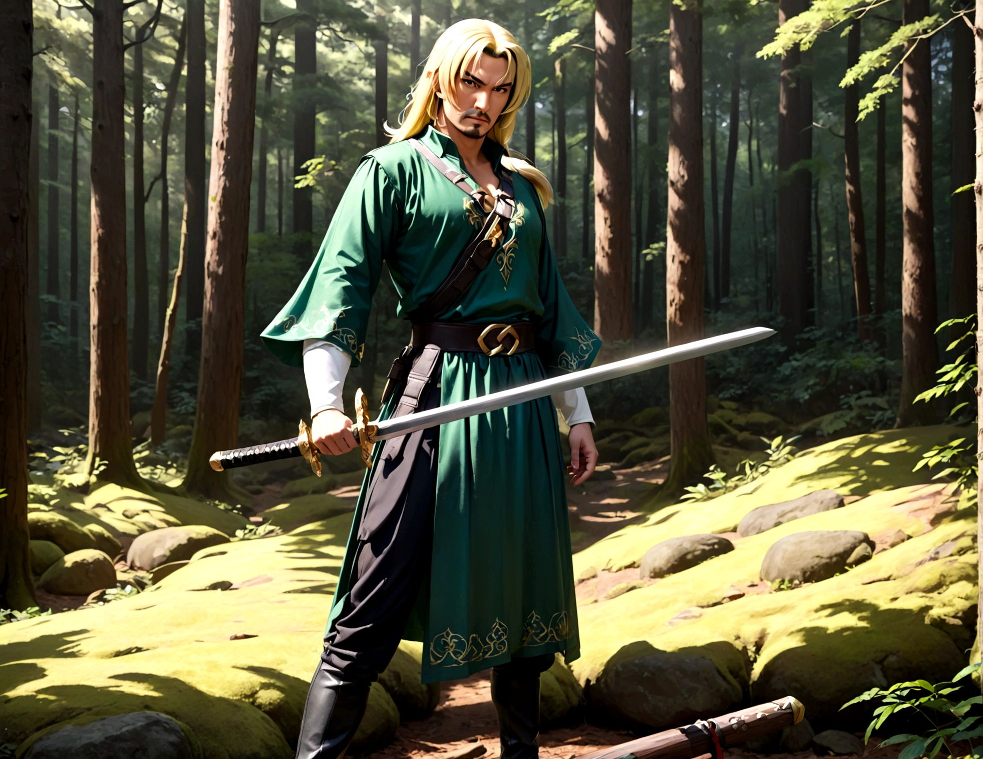 Steven Seagal (actuel, moderne) dans le rôle de Link (Costume de lien, perruque blonde sur cheveux noirs, épée en bois sur le côté), pose akido, forêt
