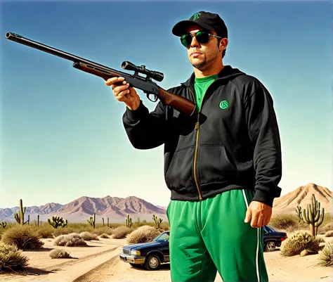 fry, holding shotgun, black cotton cap, circle sunglasses, green tracksuit, desert, style of scott peterson