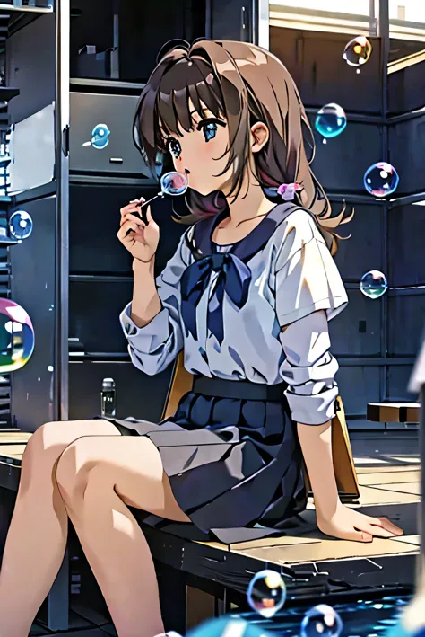 girl, blowing bubbles, sitting in cubes