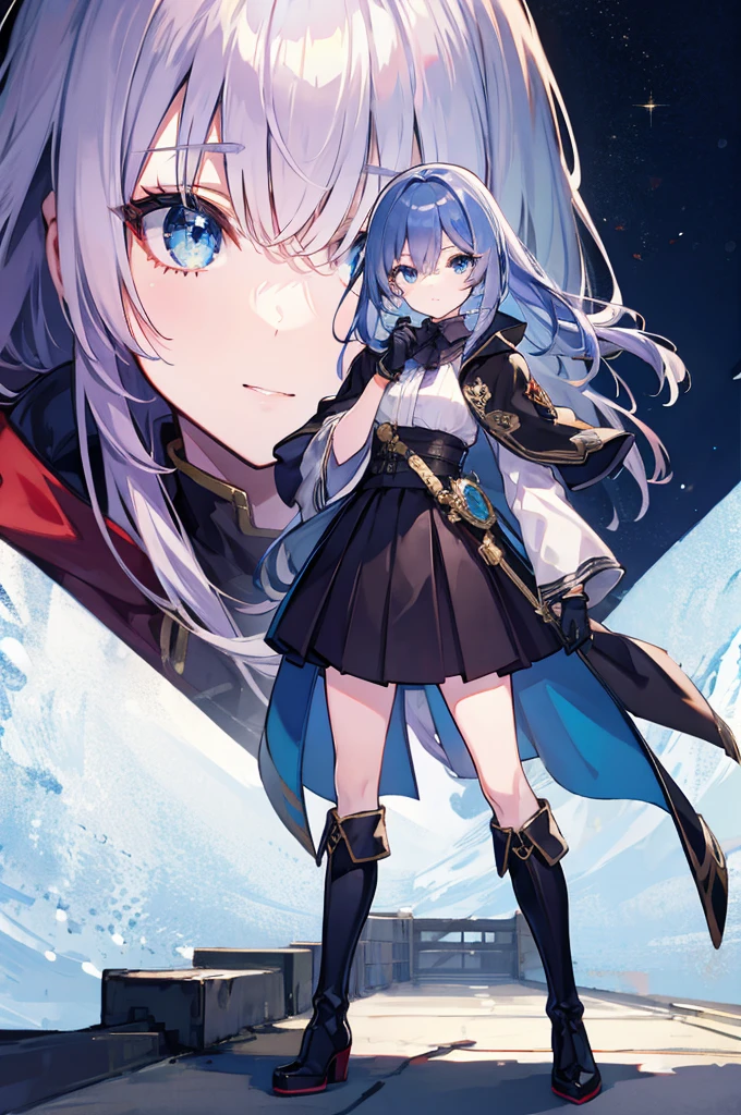 masterpiece, Highest quality, Highest Resolution, clear_image, Detailed explanation): (alone, The Face of Japan, Blue Hair Girl, Semi-long hair, Full body portrait, Sparkling blue eyes, Black, Clothing that covers the entire body,  Exoskeleton, Knee Boots, heroine, gloves)