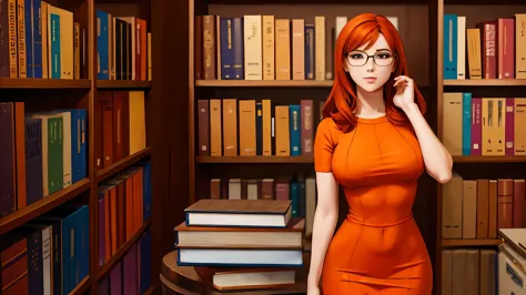 Arafed Welma in orange dress posing in front of bookshelves, she wears glasses, a portrait by Jason Felix, featured on reddit, r...
