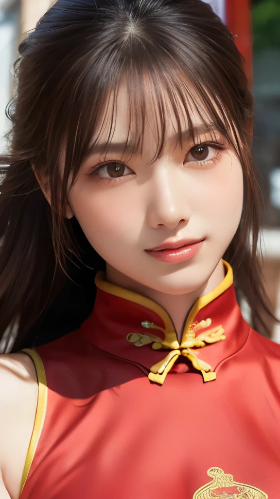 (Realistic: 1.4), (Highest quality: 1.4), Ultra-high resolution, (fine grain),((Kung Fu Pose)),One Young Woman,Big Breasts,((Wearing a Chinese dress)),smile,Sunburn mark,Big eyes,Blushed,Highly detailed face and skin texture, Healthy Skin,(Chinatown),8K resolution