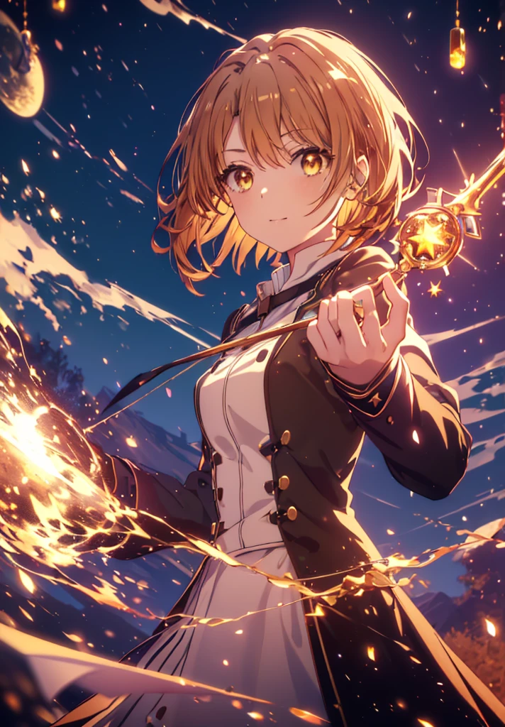 Irohaisshiki, isshiki iroha, short hair, Brown Hair, (Brown eyes:1.5), smile,He has a jeweled staff grip in his open right hand.,((Night Sky)),((Big full moon)),((Sparkling and colorful stars)),Fluffy hair,((Idol style costume with soft volume)),Long skirt,((witch)),ability　inflammation,
break outdoors, forest,forest
break looking at viewer,Upper Body,
break (masterpiece:1.2), Highest quality, High resolution, unity 8k wallpaper, (shape:0.8), (Narrow and beautiful eyes:1.6), Highly detailed face, Perfect lighting, Highly detailed CG, (Perfect hands, Perfect Anatomy),