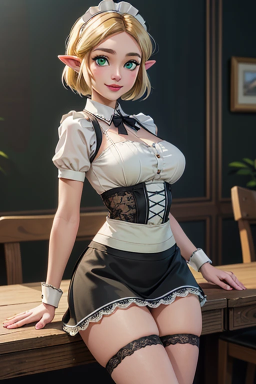 wide shot, ((best quality)), ((highly detailed)), masterpiece, (detailed eyes, deep eyes), (1girl), dynamic angle, cowboy shot,TOTK zelda, woman, smile, ((short blonde hair )), ((green eyes)),firm breasts, realistic proportions, curvy body, lipstick, curvy hips, subtly visible breasts, day lighting, ((petite body)), ((french maid uniform)), lace, nylons, sitting on table, high heels, short dress, lace apron, lace thong, back to camera,upskirt, lifting skirt, visible thong
