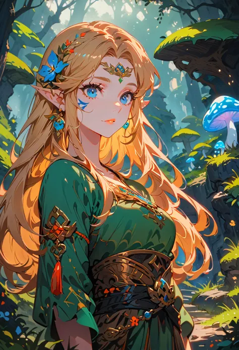 Zelda,A fantasy landscape, a girl with long golden hair, striking blue eyes, detailed facial features, Exquisite makeup,The cute...