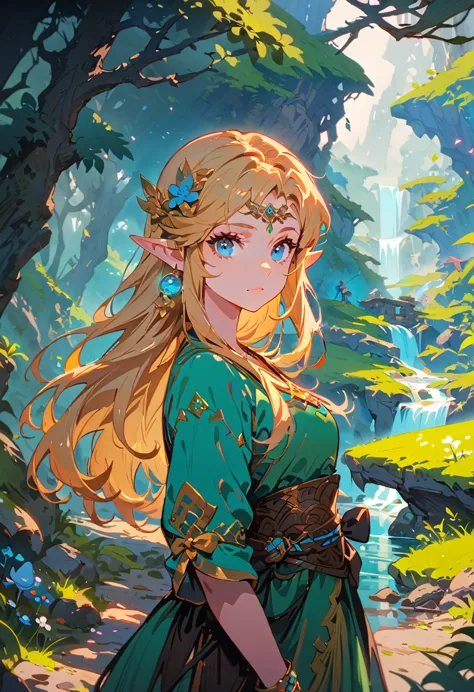 Zelda,A fantasy landscape, a girl with long golden hair, striking blue eyes, detailed facial features, Exquisite makeup,The cute...