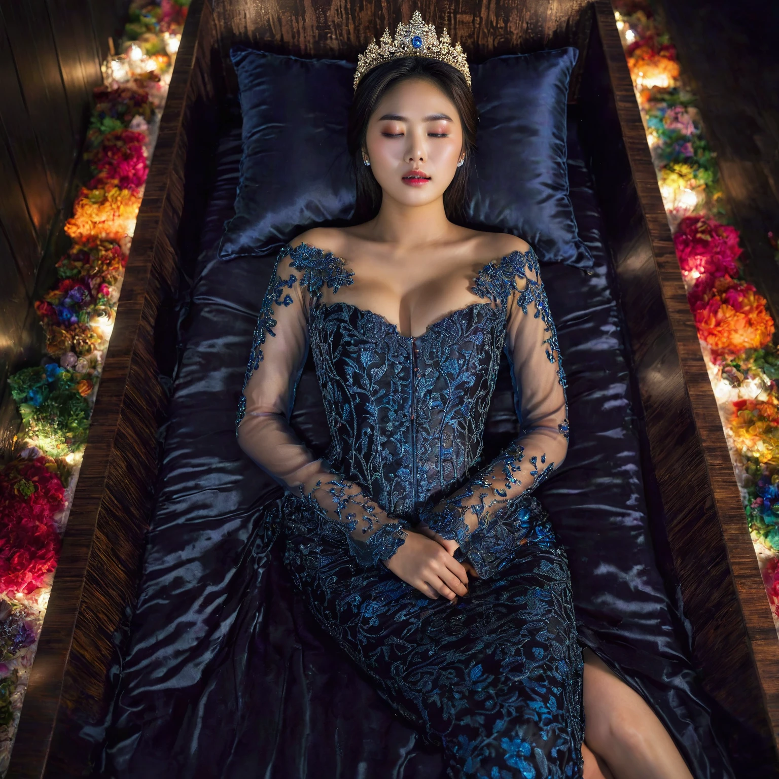 In a striking 8K HDR scene, a stunning Korean woman, 22 years old, lies peacefully in a black coffin surrounded by plush pillows. The deep box is set against a rich black background, accentuating the beauty of the subject. Her exquisite kebaya attire is embroidered with superb detail, showcasing her round and firm breasts, perfect cleavage, and beautiful eyebrows. Her closed eyes and mouth give an air of serenity, while her visible and absolute cleavage leave nothing to imagination. The scene is bathed in saturated colors, highlighting every intricate aspect from the ball skirt to her clean face.