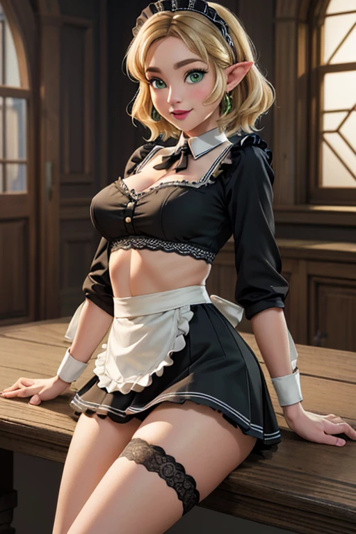 wide shot, ((best quality)), ((highly detailed)), masterpiece, (detailed eyes, deep eyes), (1girl), dynamic angle, cowboy shot,TOTK zelda, woman, smile, ((short blonde hair )), ((green eyes)),firm breasts, realistic proportions, curvy body, lipstick, curvy hips, subtly visible breasts, day lighting, ((petite body)), ((french maid uniform)), lace, nylons, sitting on table, high heels, short dress, lace apron, lace thong, back to camera,upskirt, lifting skirt, visible thong, exposed breasts
