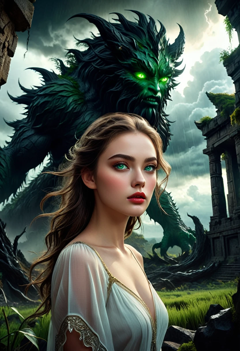 Striking green eyes、Long eyelashes、Delicate nose、A beautiful and delicate girl with plump lips、Posing gracefully in a dark fantasy landscape、Dramatic storm clouds in the sky、The dark trees that surrounded her々and leaveysterious ancient ruin、A giant shadow monster lurks in the background、Cinematic lighting、Complex and detailed texture、Vibrant colors、Digital Art、Concept Art、Matte Painting、Unreal Engine、8K、Very sophisticated、Photorealistic