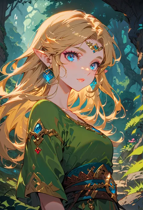 (Zelda:1.2),A fantasy landscape, a girl with long golden hair, striking blue eyes, detailed facial features, Exquisite makeup,Th...