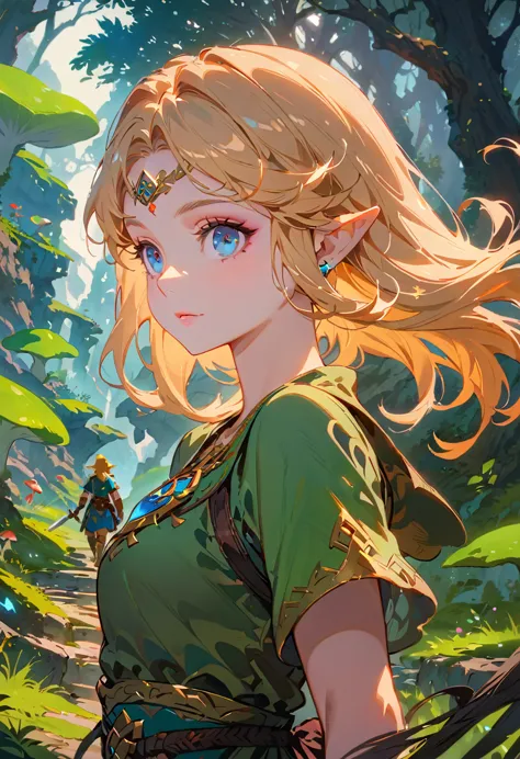 (Zelda:1.2),A fantasy landscape, a girl with long golden hair, striking blue eyes, detailed facial features, Exquisite makeup,Th...