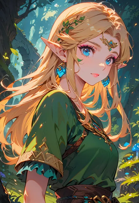 (Zelda:1.2),A fantasy landscape, a girl with long golden hair, striking blue eyes, detailed facial features, Exquisite makeup,Th...