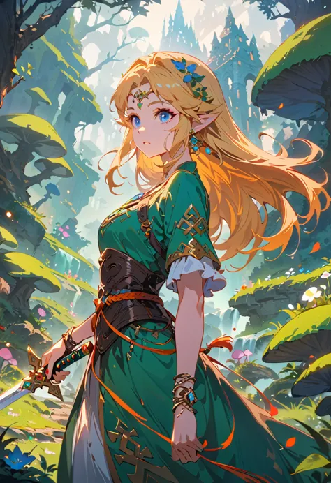 (Zelda:1.2),A fantasy landscape, a girl with long golden hair, striking blue eyes, detailed facial features, Exquisite makeup,Th...
