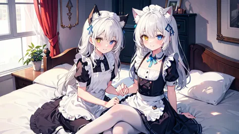 maid costume，white pantyhose，white hair，long hair，cat ear，heterochromia blue-yellow，smile，female face，there are bright spots in ...