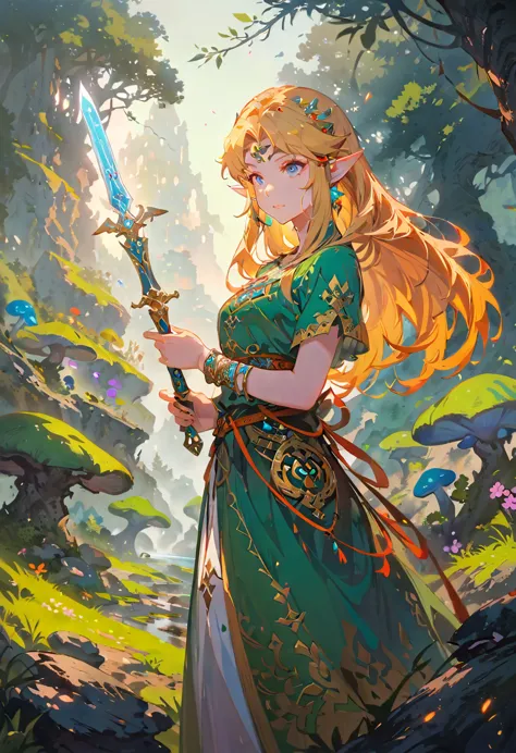 (Zelda:1.2),A fantasy landscape, a girl with long golden hair, striking blue eyes, detailed facial features, Exquisite makeup,Th...