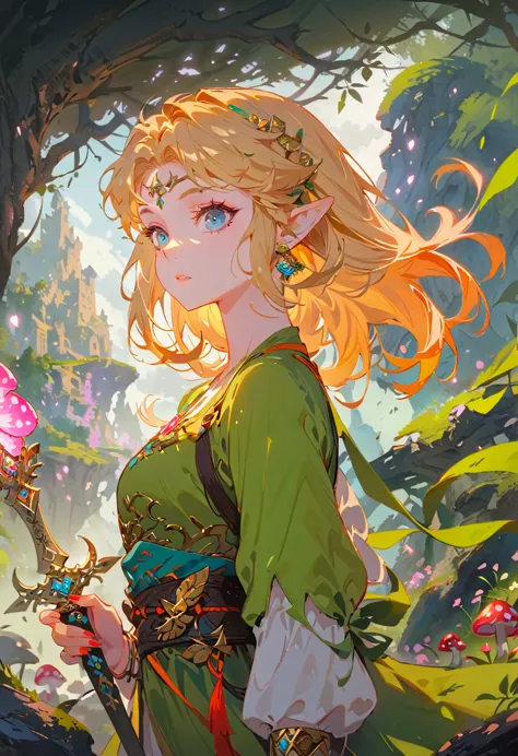 (Zelda:1.2),A fantasy landscape, a girl with long golden hair, striking blue eyes, detailed facial features, Exquisite makeup,Th...