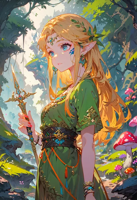 (Zelda:1.2),A fantasy landscape, a girl with long golden hair, striking blue eyes, detailed facial features, Exquisite makeup,Th...