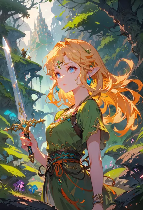 (Zelda:1.2),A fantasy landscape, a girl with long golden hair, striking blue eyes, detailed facial features, Exquisite makeup,Th...