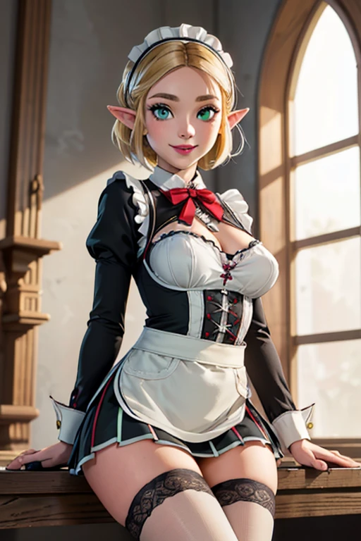 wide shot, ((best quality)), ((highly detailed)), masterpiece, (detailed eyes, deep eyes), (1girl), dynamic angle, cowboy shot,TOTK zelda, woman, smile, ((short blonde hair )), ((green eyes)),firm breasts, realistic proportions,lipstick, subtly visible breasts, day lighting, ((petite body)), ((french maid uniform)), lace, nylons, sitting on table, high heels, short dress, lace apron, lace thong, back to camera,upskirt, lifting skirt, visible thong, nipple piercing bar
