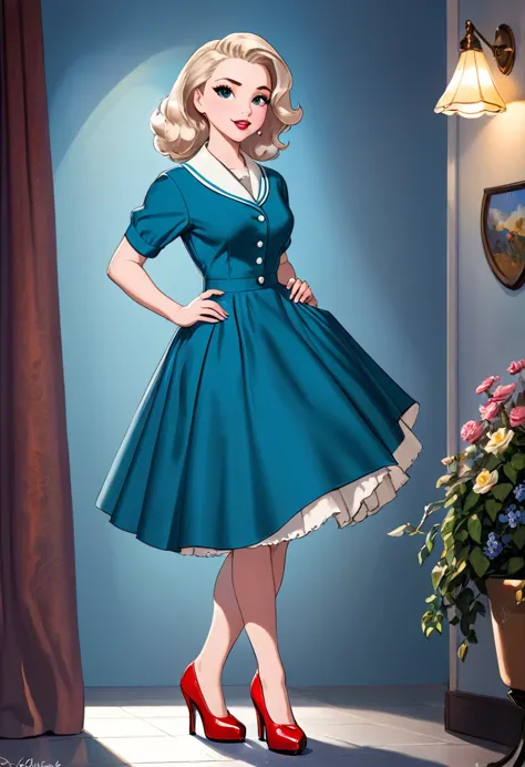 50s house wife. full length. featuring warm lighting and shadows. should be of the highest quality, a masterpiece with intricate...