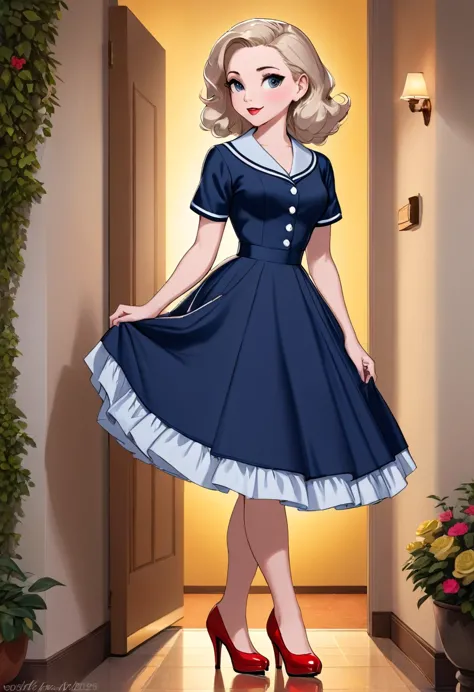 50s house wife. full length. featuring warm lighting and shadows. should be of the highest quality, a masterpiece with intricate...