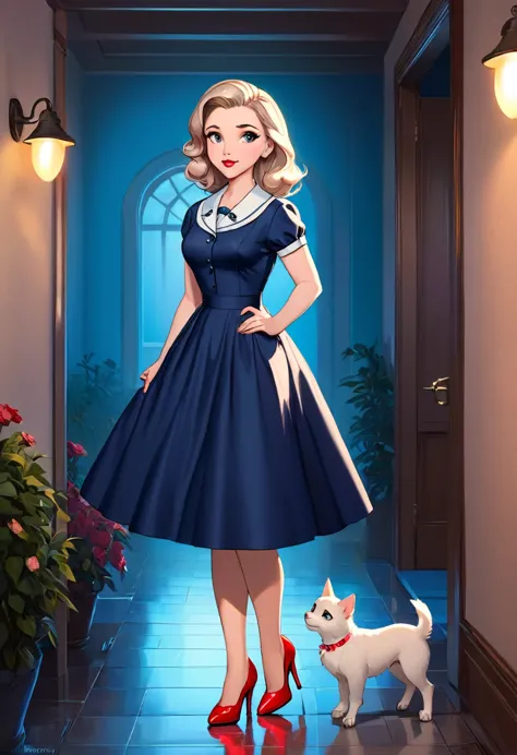 50s house wife. full length. featuring warm lighting and shadows. should be of the highest quality, a masterpiece with intricate...